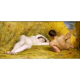 Peinture académique deux nus champ de blé doré coquelicots bleuets femme allongée homme de dos naturalisme XIXe