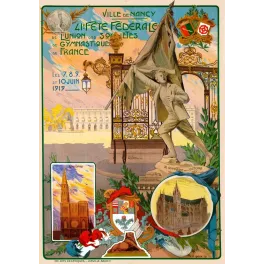 Affiche Fête Fédérale Gymnastique Nancy 1919 statue Gymnaste Victoire Place Stanislas Strasbourg Alsace signé V. Idoux
