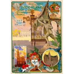 Affiche Fête Fédérale Gymnastique Nancy 1919 statue Gymnaste Victoire Place Stanislas Strasbourg Alsace signé V. Idoux