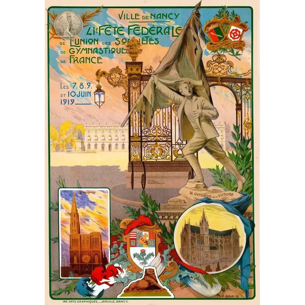 Affiche Fête Fédérale Gymnastique Nancy 1919 statue Gymnaste Victoire Place Stanislas Strasbourg Alsace signé V. Idoux Affiche Fête Fédérale Gymnastique Nancy 1919 statue Gymnaste Victoire Place Stanislas Strasbourg Alsace signé V. Idoux