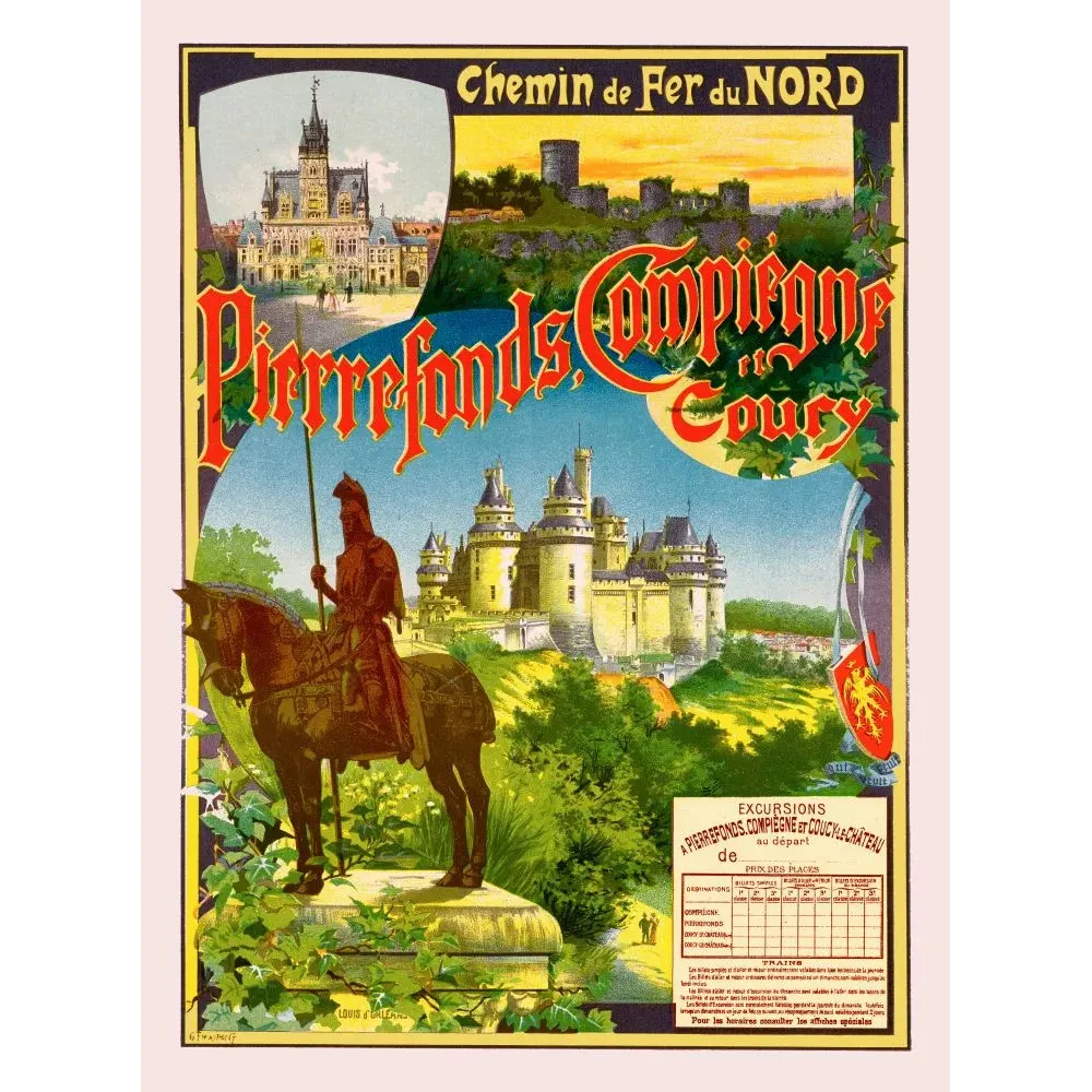 Affiche Chemin de Fer du Nord Pierrefonds Compiègne Coucy château Viollet-le-Duc statue Louis d'Orléans Affiche Chemin de Fer du Nord Pierrefonds Compiègne Coucy château Viollet-le-Duc statue Louis d'Orléans