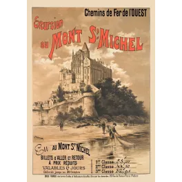 Affiche Mont Saint-Michel Chemins de Fer de l'Ouest G. Fraipont abbaye gothique pêcheur baie sépia XIXe