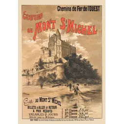Affiche Mont Saint-Michel Chemins de Fer de l'Ouest G. Fraipont abbaye gothique pêcheur baie sépia XIXe
