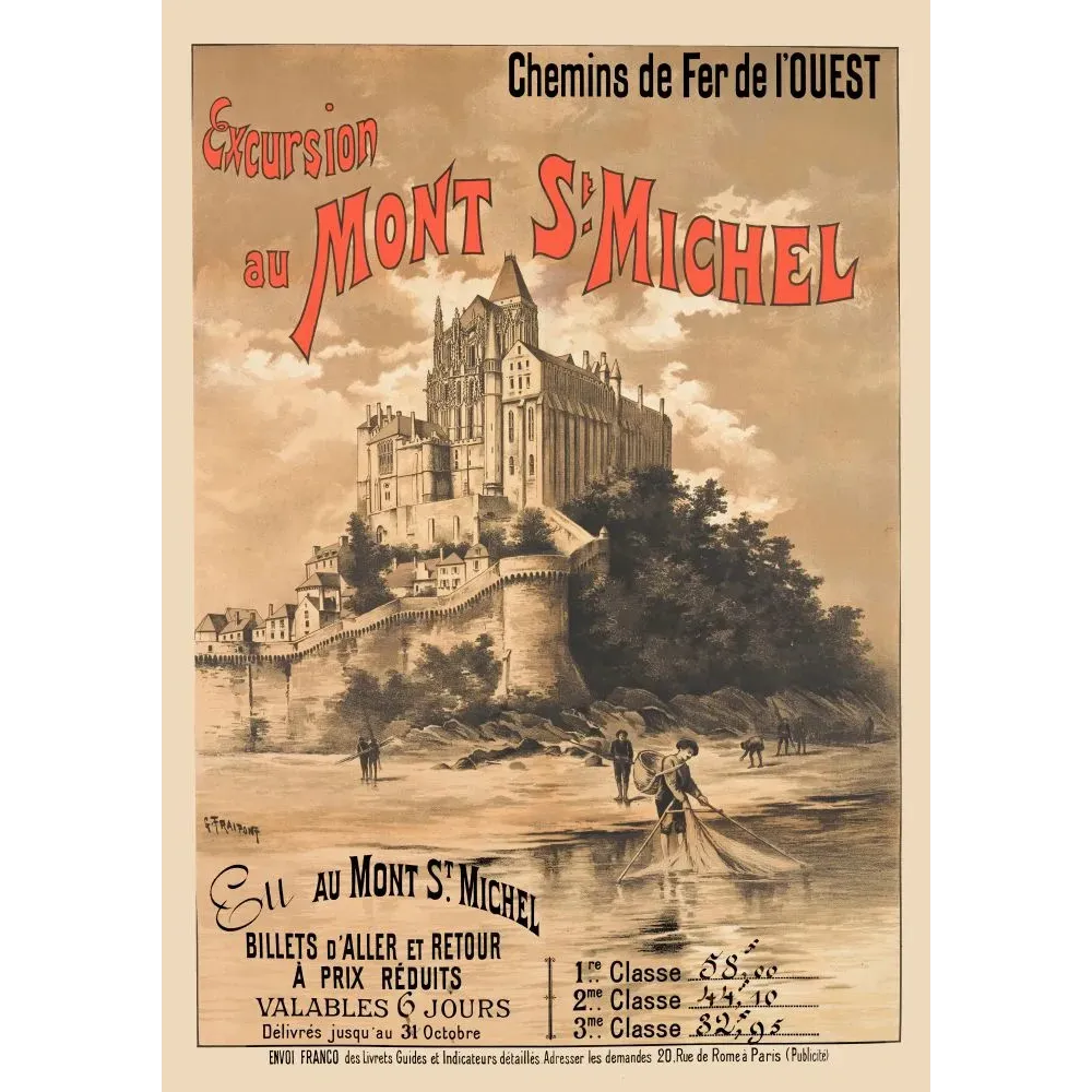 Affiche Mont Saint-Michel Chemins de Fer de l'Ouest G. Fraipont abbaye gothique pêcheur baie sépia XIXe Affiche Mont Saint-Michel Chemins de Fer de l'Ouest G. Fraipont abbaye gothique pêcheur baie sépia XIXe