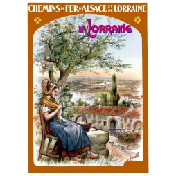 Affiche Chemins de Fer d'Alsace et Lorraine P. Kauffmann paysanne costume traditionnel broderie campagne lorraine