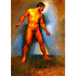 Étude de nu masculin académique XIXe siècle homme debout barbu lumière chaude huile sur toile