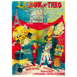 Affiche spectacle parisien T. Aldow Mle Theo parodies électricité comique Tour Eiffel lithographie F. Appel