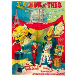 Affiche spectacle parisien T. Aldow Mle Theo parodies électricité comique Tour Eiffel lithographie F. Appel