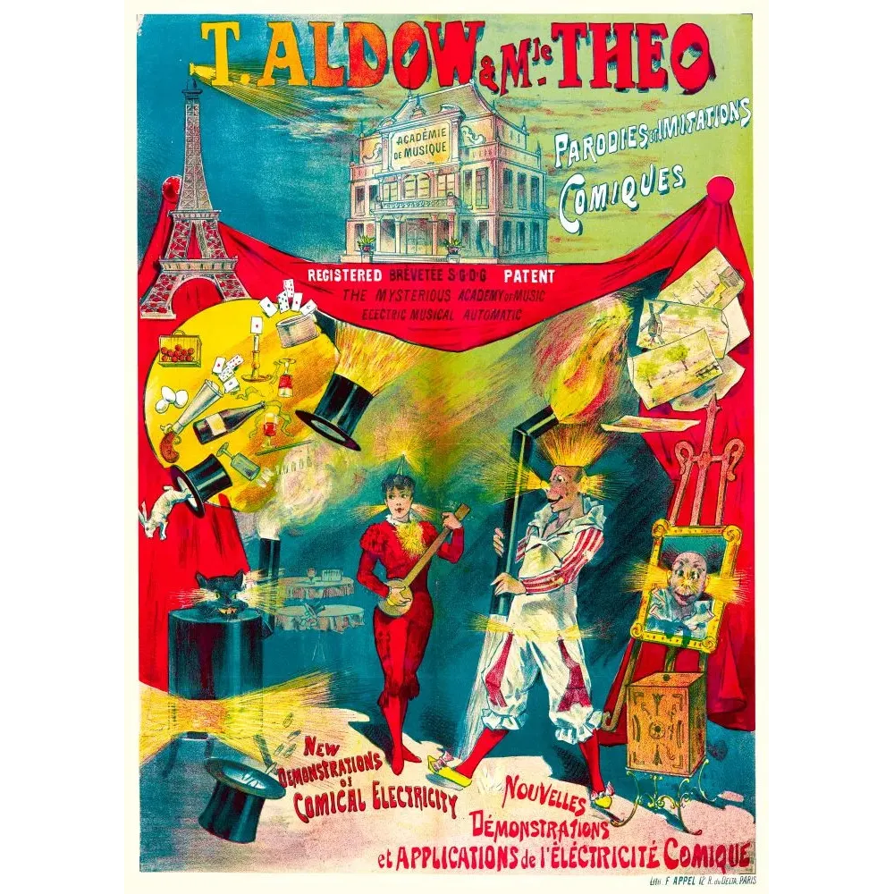 Affiche spectacle parisien T. Aldow Mle Theo parodies électricité comique Tour Eiffel lithographie F. Appel