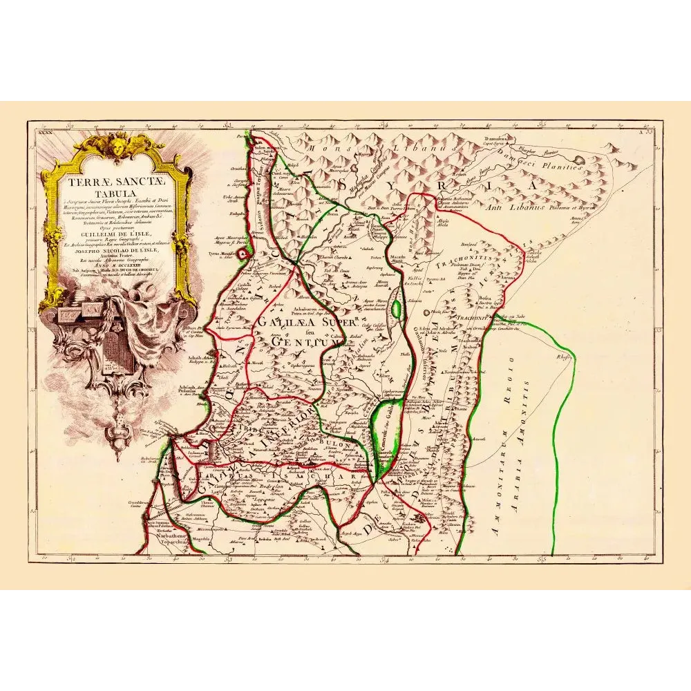 Carte Terrae Sanctae Tabula Guillaume De L'Isle Galilée Syrie tribus Israël cartouche baroque XVIIIe Carte Terrae Sanctae Tabula Guillaume De L'Isle Galilée Syrie tribus Israël cartouche baroque XVIIIe
