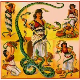 Affiche cirque américain charmeuse de serpents costume oriental grands serpents verts Cincinnati XIXe siècle