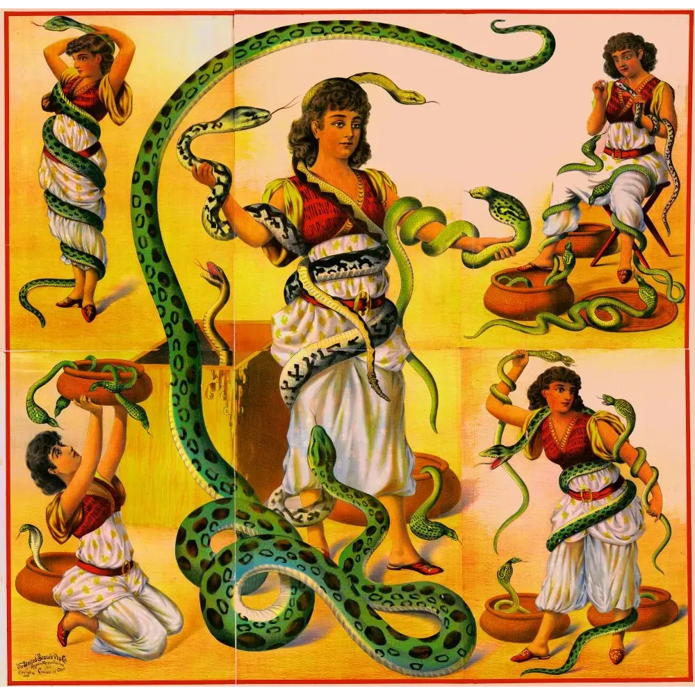 Affiche cirque américain charmeuse de serpents costume oriental grands serpents verts Cincinnati XIXe siècle Affiche cirque américain charmeuse de serpents costume oriental grands serpents verts Cincinnati XIXe siècle