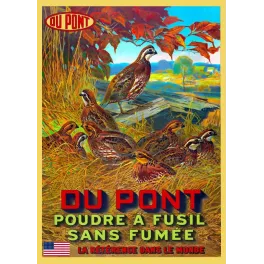 Affiche publicitaire Du Pont poudre à fusil sans fumée cailles herbes dorées automne drapeau américain