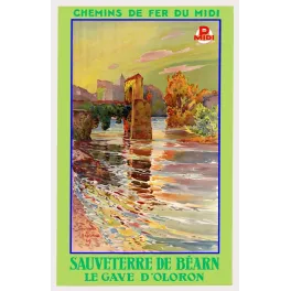 Affiche Chemins de Fer du Midi Sauveterre-de-Béarn pont roman Gave d'Oloron tour médiévale aquarelle