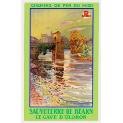 Affiche Chemins de Fer du Midi Sauveterre-de-Béarn pont roman Gave d'Oloron tour médiévale aquarelle