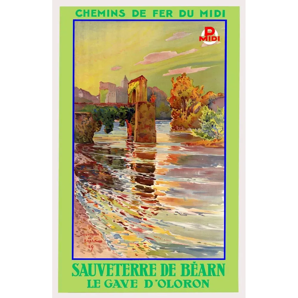 Affiche Chemins de Fer du Midi Sauveterre-de-Béarn pont roman Gave d'Oloron tour médiévale aquarelle
