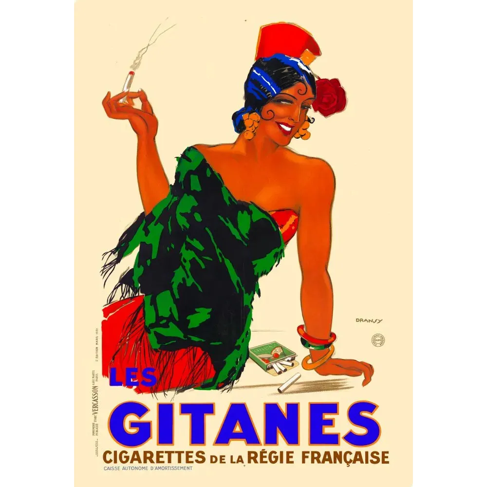 Affiche publicité Gitanes cigarettes Régie Française Dransy 1931 femme gitane turban châle vert Art Déco Affiche publicité Gitanes cigarettes Régie Française Dransy 1931 femme gitane turban châle vert Art Déco
