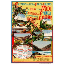 Affiche Chemins de Fer Paris Orléans PLM Midi excursions Pyrénées Golfe Gascogne Biarritz Lourdes