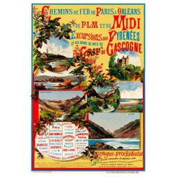 Affiche Chemins de Fer Paris Orléans PLM Midi excursions Pyrénées Golfe Gascogne Biarritz Lourdes