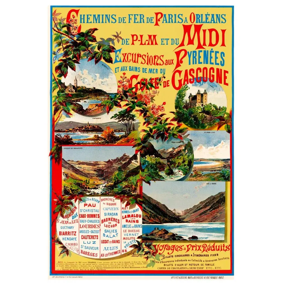 Affiche Chemins de Fer Paris Orléans PLM Midi excursions Pyrénées Golfe Gascogne Biarritz Lourdes