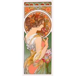 Affiche Alfons Mucha La Primevère 1899 femme profil bouquet fleurs Art Nouveau médaillon orné