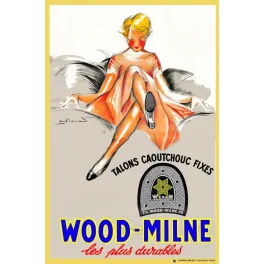Affiche publicité Wood-Milne talons caoutchouc Wexam femme blonde robe orangée pin-up Toulouse années 1950