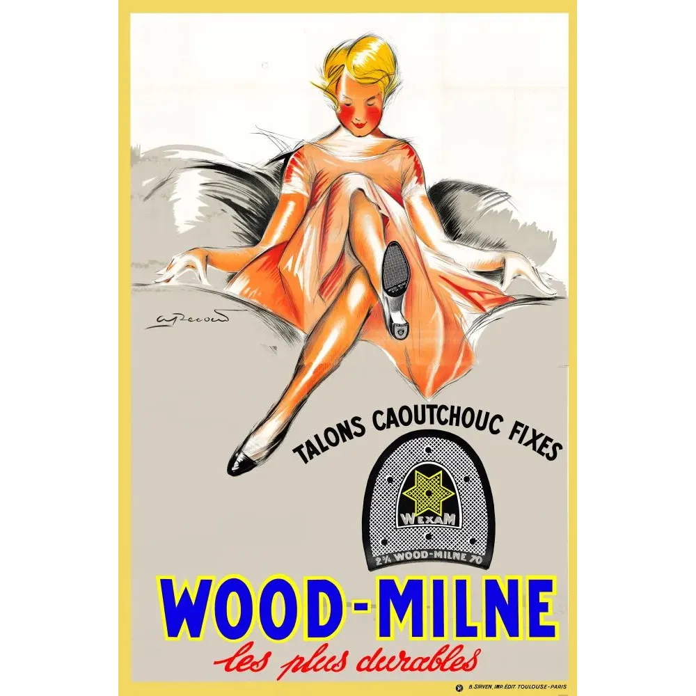 Affiche publicité Wood-Milne talons caoutchouc Wexam femme blonde robe orangée pin-up Toulouse années 1950