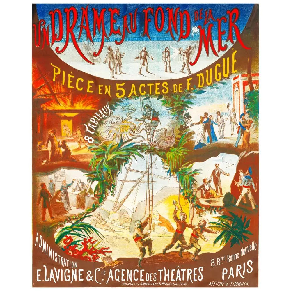 Affiche théâtre Un Drame au Fond de la Mer Dugué Lavigne Paris pieuvre scaphandrier naufrage incendie