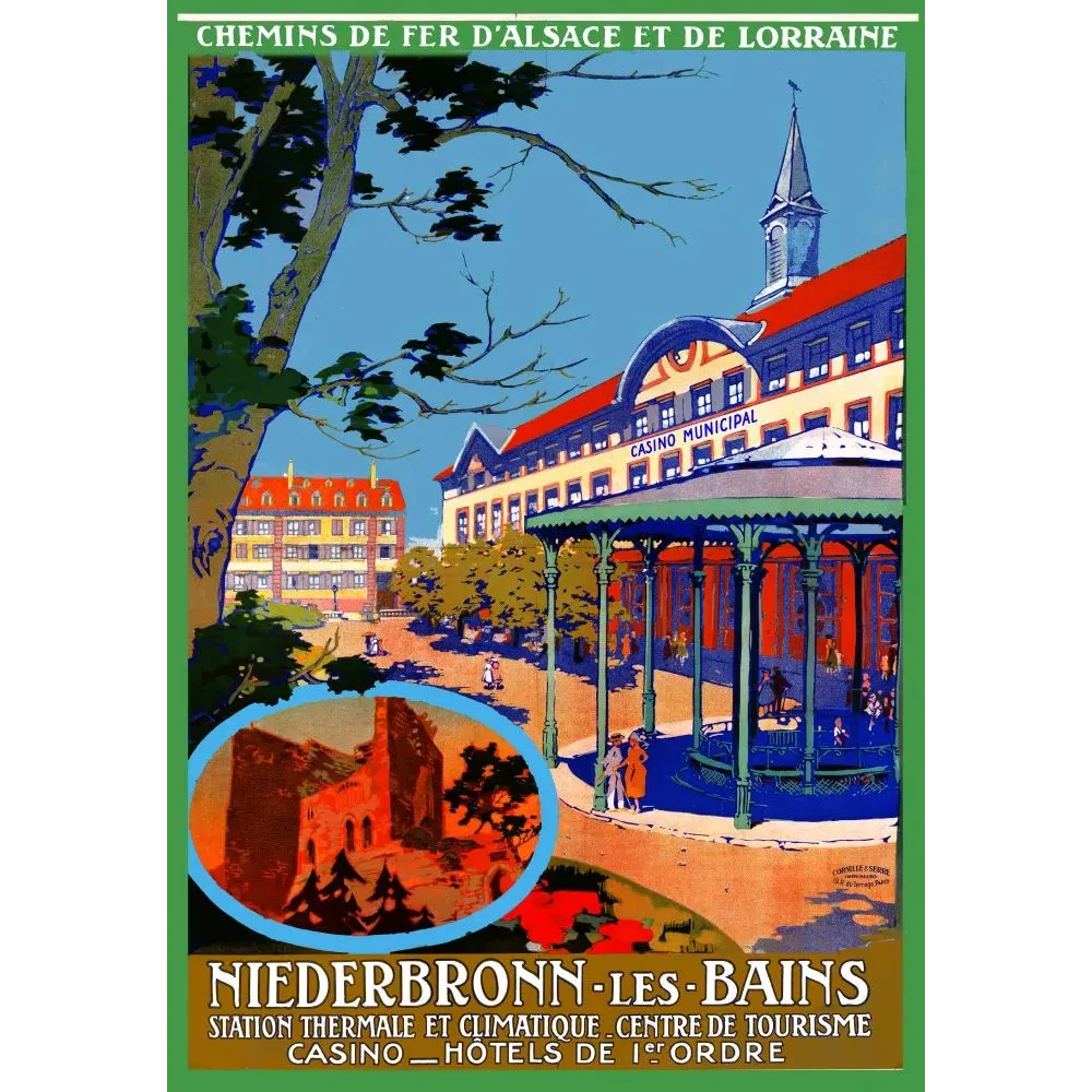 Affiche Chemins de Fer Alsace Lorraine Niederbronn-les-Bains Casino Municipal ruines château Wasenbourg Affiche Chemins de Fer Alsace Lorraine Niederbronn-les-Bains Casino Municipal ruines château Wasenbourg