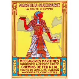 Affiche Marseille Alexandrie Route Égypte Messageries Maritimes PLM J. Daviel 1927 pharaon Art Déco colonnes lotus