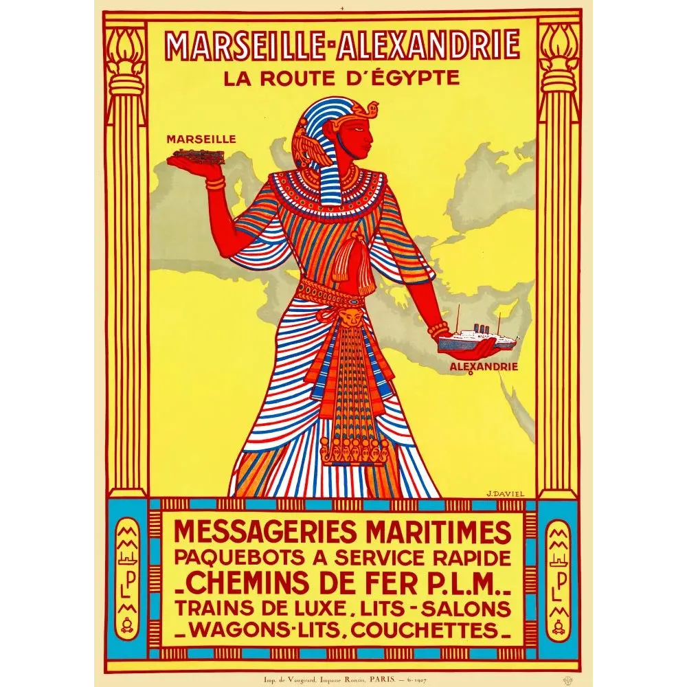 Affiche Marseille Alexandrie Route Égypte Messageries Maritimes PLM J. Daviel 1927 pharaon Art Déco colonnes lotus