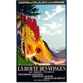 Affiche Chemins de Fer Alsace Lorraine Route des Vosges Julien-Lacaze falaises grès rouge autocar tourisme