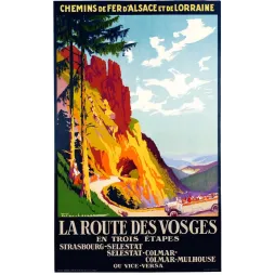 Affiche Chemins de Fer Alsace Lorraine Route des Vosges Julien-Lacaze falaises grès rouge autocar tourisme