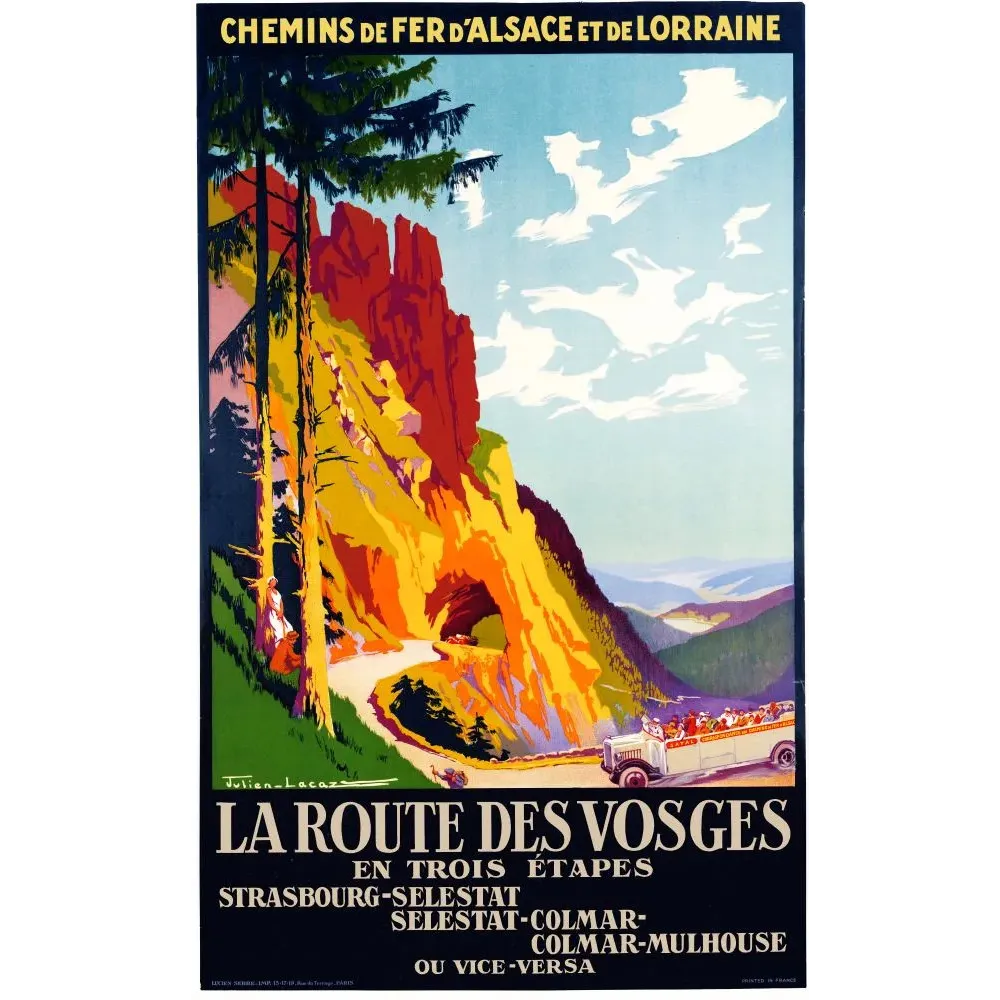 Affiche Chemins de Fer Alsace Lorraine Route des Vosges Julien-Lacaze falaises grès rouge autocar tourisme Affiche Chemins de Fer Alsace Lorraine Route des Vosges Julien-Lacaze falaises grès rouge autocar tourisme