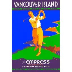 Affiche touristique Vancouver Island Empress Hotel Canadian Pacific golfeur swing aplats Art Déco côte Colombie-Britannique