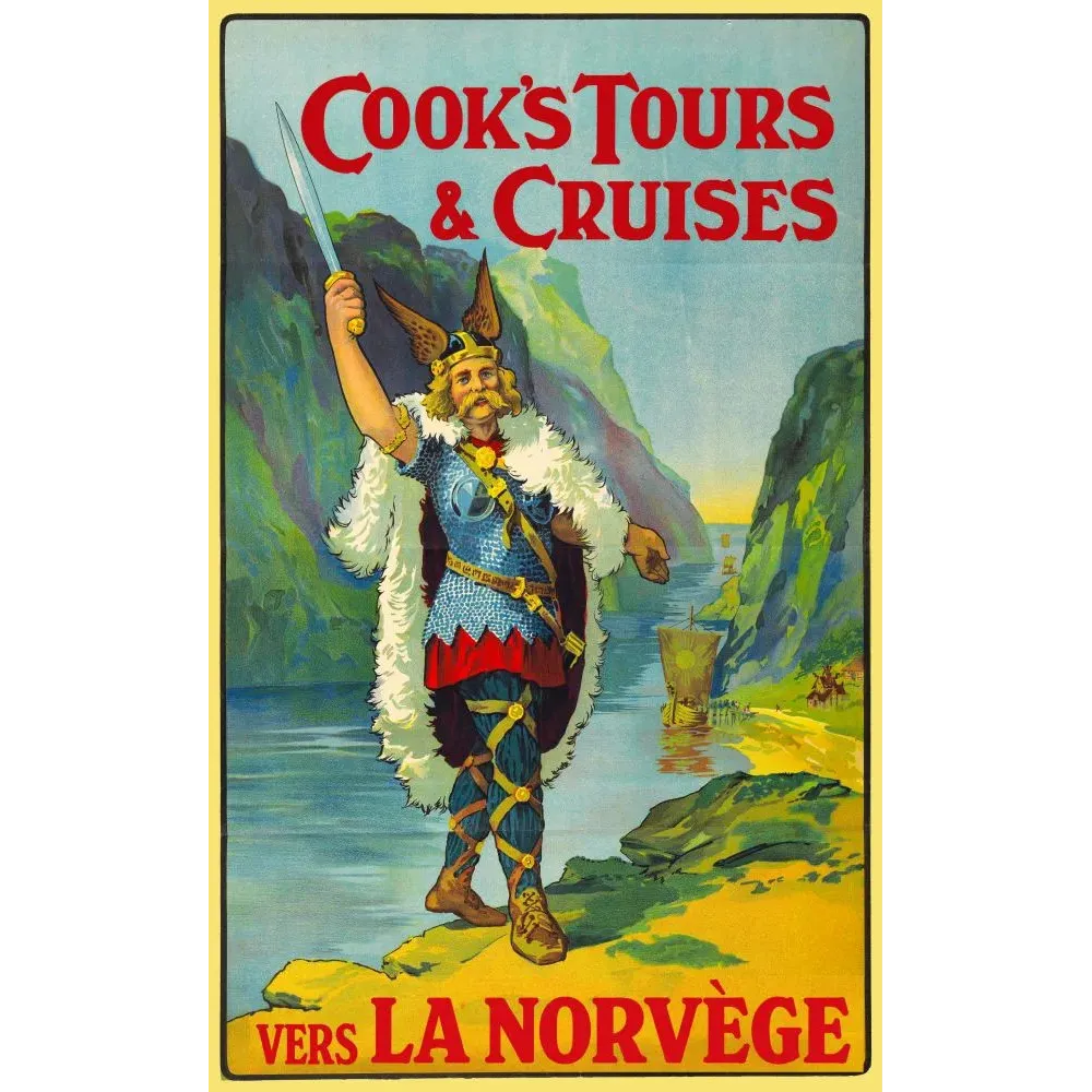Affiche Cook's Tours Cruises vers la Norvège guerrier viking armure épée fjord drakkar voile