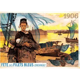 Affiche Fête des Filets Bleus Concarneau 1906 A. Granchi Taylor femme bretonne enfant port coucher de soleil