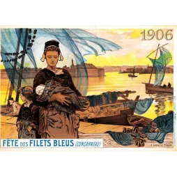 Affiche Fête des Filets Bleus Concarneau 1906 A. Granchi Taylor femme bretonne enfant port coucher de soleil
