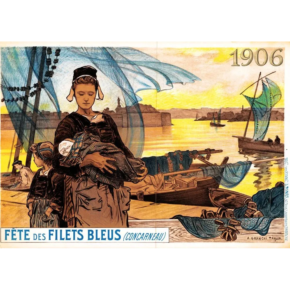 Affiche Fête des Filets Bleus Concarneau 1906 A. Granchi Taylor femme bretonne enfant port coucher de soleil Affiche Fête des Filets Bleus Concarneau 1906 A. Granchi Taylor femme bretonne enfant port coucher de soleil