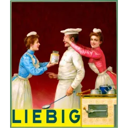Affiche publicité Liebig extrait de viande cuisinier toque deux servantes scène cuisine humoristique XIXe