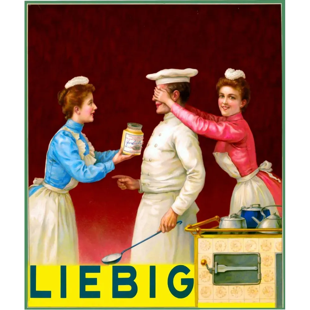 Affiche publicité Liebig extrait de viande cuisinier toque deux servantes scène cuisine humoristique XIXe