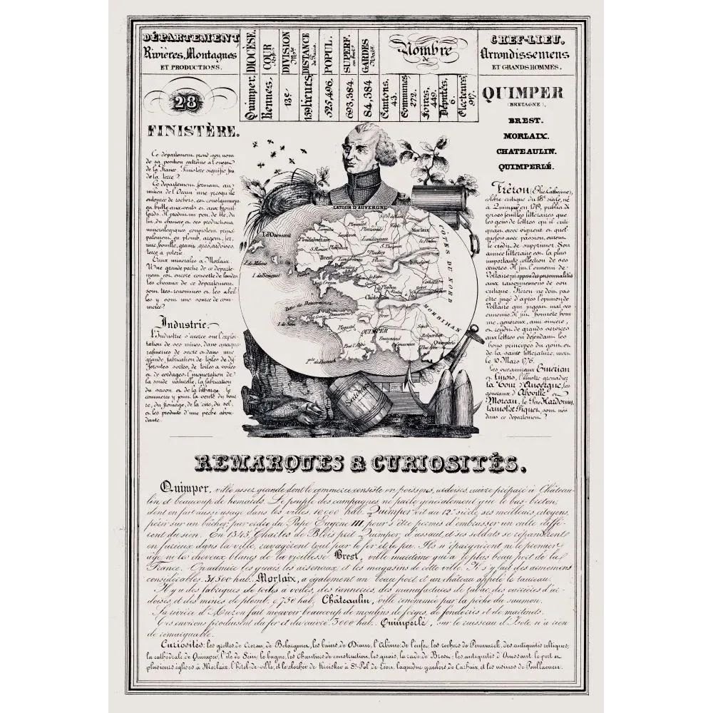 Document statistique département Finistère n°28 Quimper Brest portrait Trécou carte Bretagne XIXe siècle