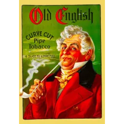 Affiche publicité Old English Curve Cut Pipe Tobacco gentleman redingote rouge pipe blanche XVIIIe style américain