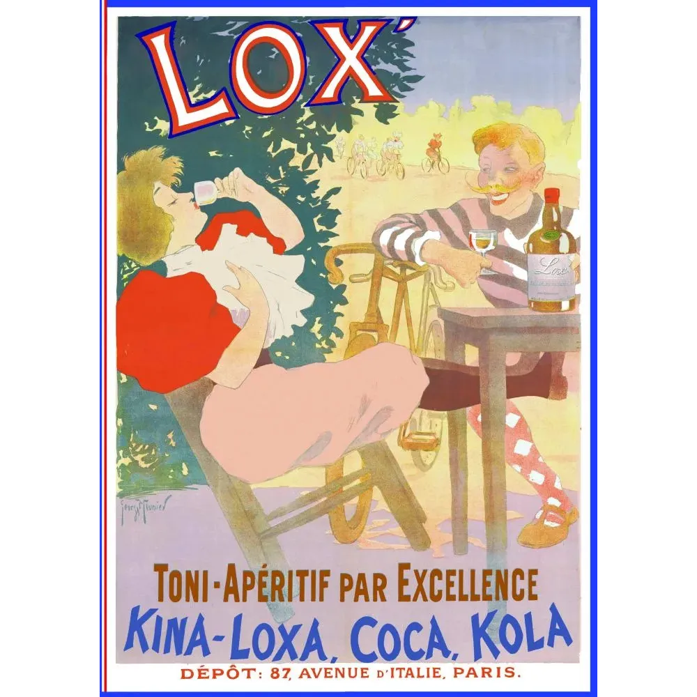 Affiche publicité Lox' apéritif Kina-Loxa Coca Kola Georges Meunier couple terrasse cyclistes Affiche publicité Lox' apéritif Kina-Loxa Coca Kola Georges Meunier couple terrasse cyclistes