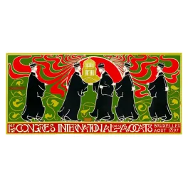 Affiche 1er Congrès International Avocats Bruxelles 1897 G. Combaz avocats robe noire Palais Justice Art Nouveau