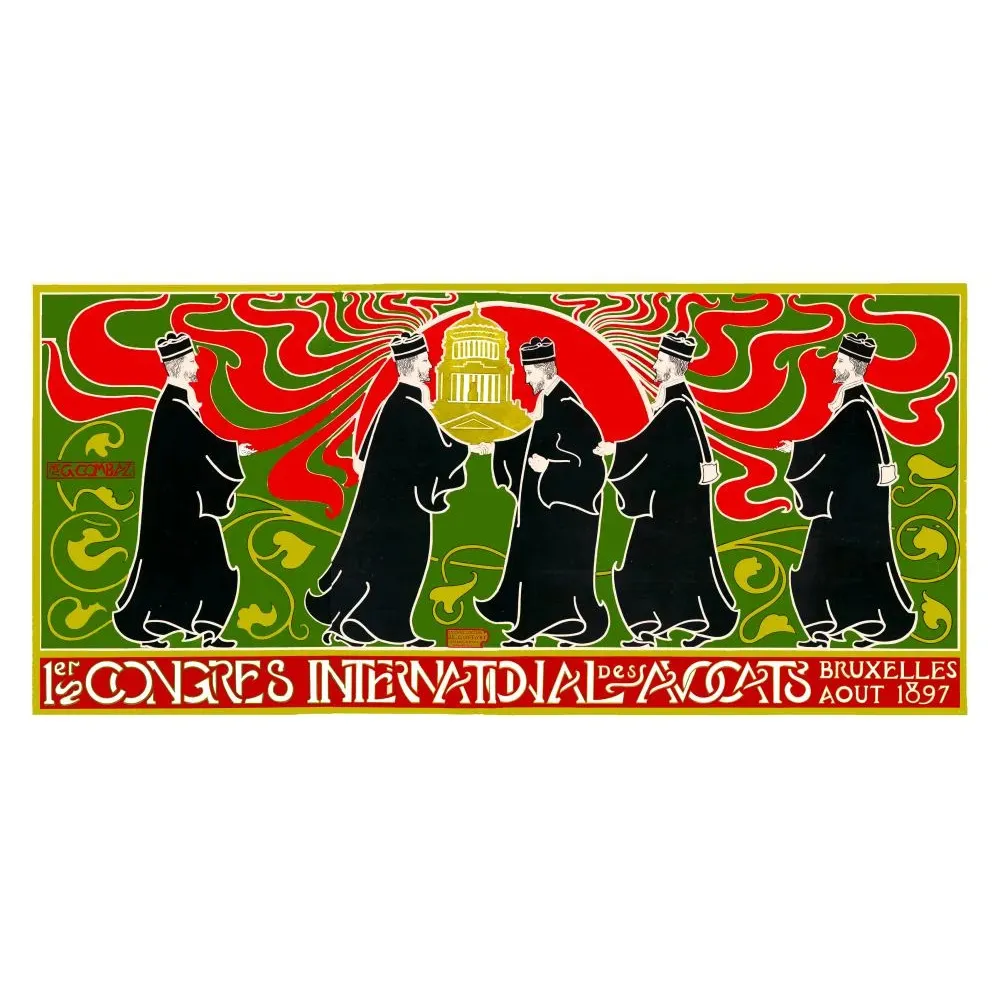 Affiche 1er Congrès International Avocats Bruxelles 1897 G. Combaz avocats robe noire Palais Justice Art Nouveau Affiche 1er Congrès International Avocats Bruxelles 1897 G. Combaz avocats robe noire Palais Justice Art Nouveau