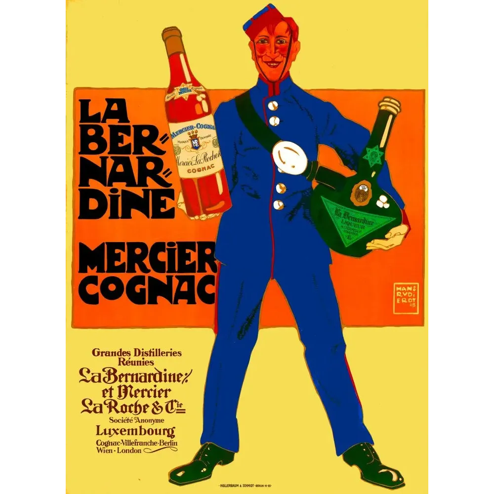 Affiche publicité La Bernardine Mercier Cognac Hans Rudi Erdt Berlin 1905 soldat bleu bouteilles Plakatstil Affiche publicité La Bernardine Mercier Cognac Hans Rudi Erdt Berlin 1905 soldat bleu bouteilles Plakatstil