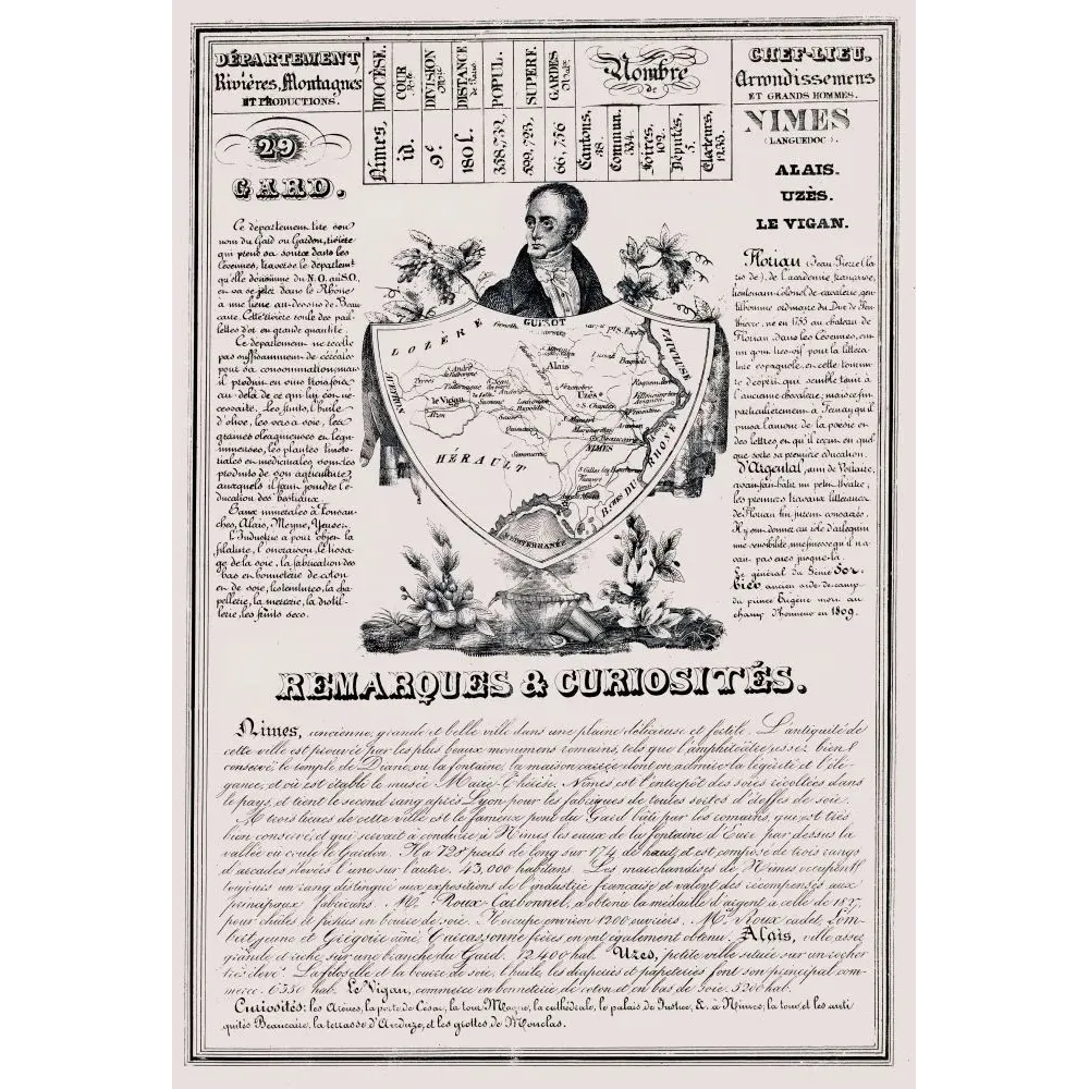 Document statistique département Gard n°29 Nîmes portrait Florian carte Languedoc Cévennes XIXe siècle Document statistique département Gard n°29 Nîmes portrait Florian carte Languedoc Cévennes XIXe siècle