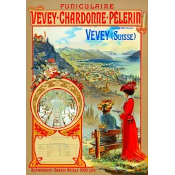 Affiche Funiculaire Vevey-Chardonne-Pélerin Suisse lac Léman Alpes femmes élégantes 1906 belvédère