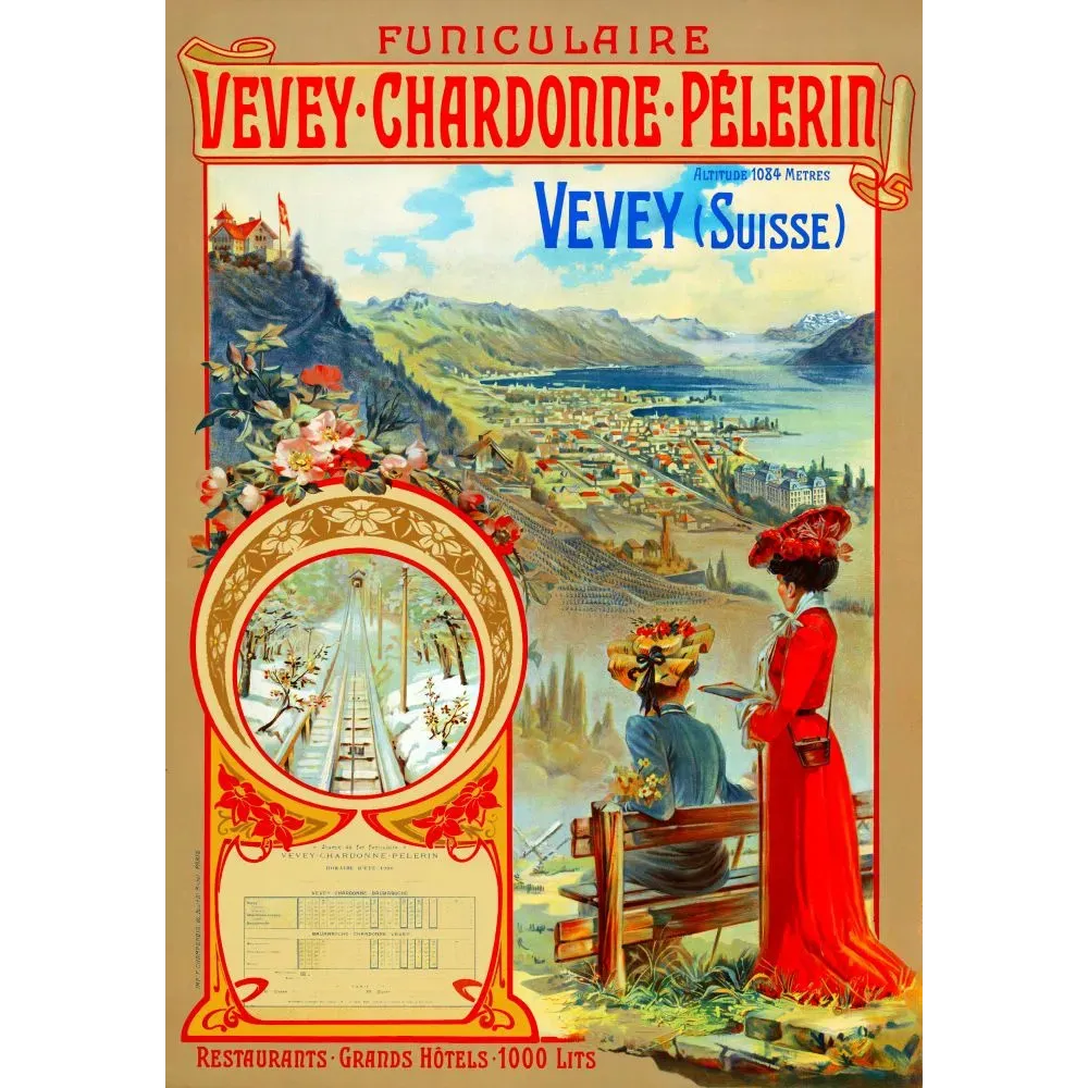Affiche Funiculaire Vevey-Chardonne-Pélerin Suisse lac Léman Alpes femmes élégantes 1906 belvédère Affiche Funiculaire Vevey-Chardonne-Pélerin Suisse lac Léman Alpes femmes élégantes 1906 belvédère